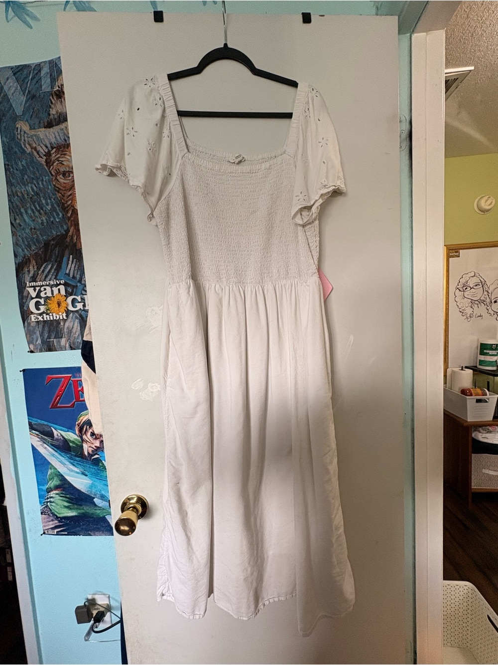 White Short-Sleeve Smocked Midi Dress